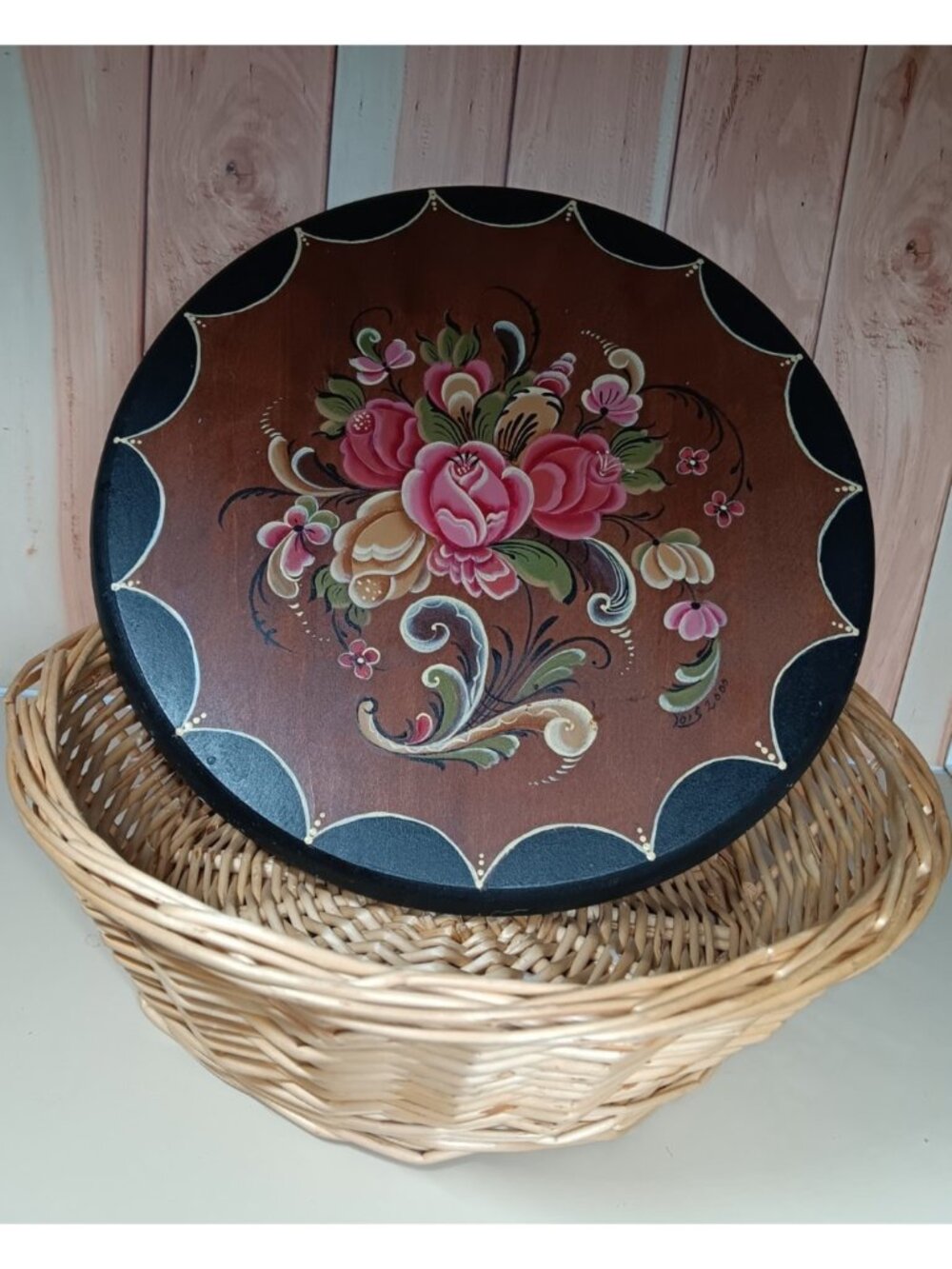 Scandinavian Folk Art Wicker Basket with Hand Painted Rosemaled Lid 9" signed